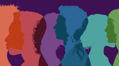 A purple background with silhouetted faces at the front