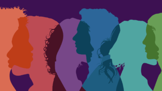 A purple background with silhouetted faces at the front