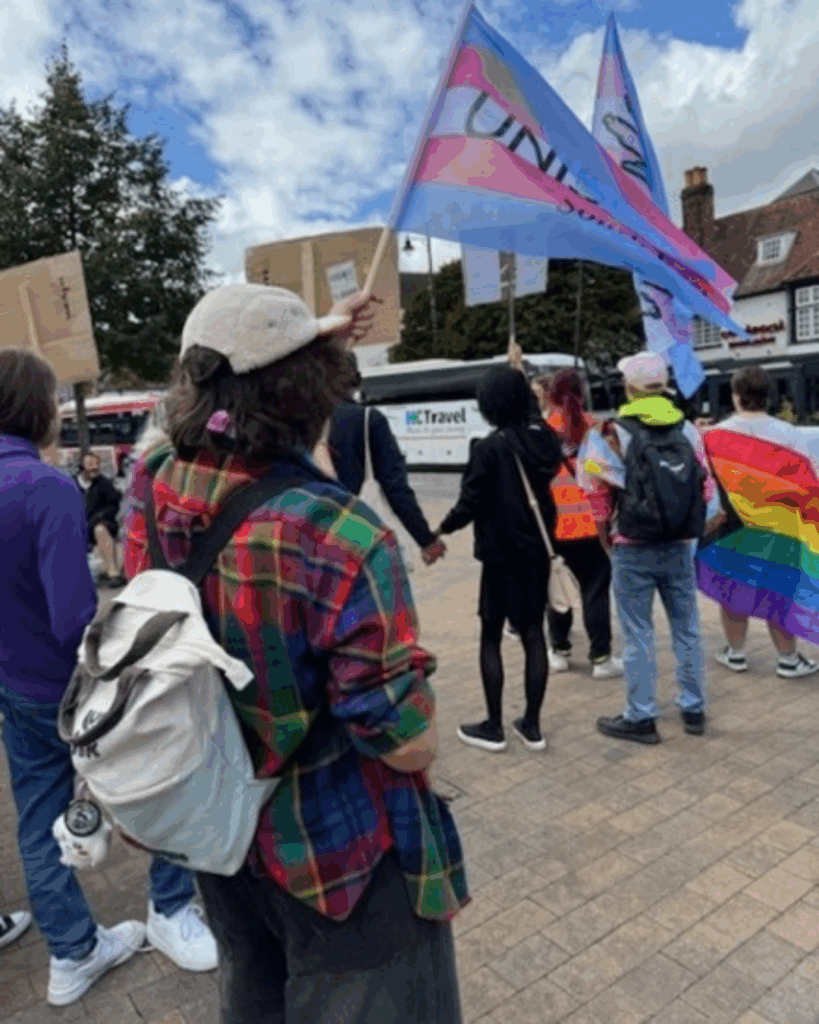 A UNISON activist at a pride event on a university holding a pink and blue trans inclusion flag which says UNISON