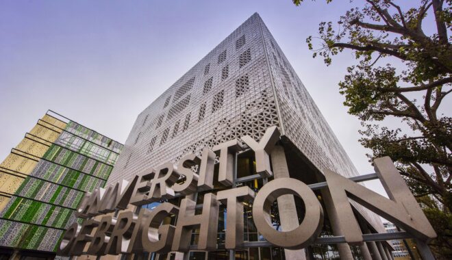 Frontage of a tall building at the campus of the University of Brighton