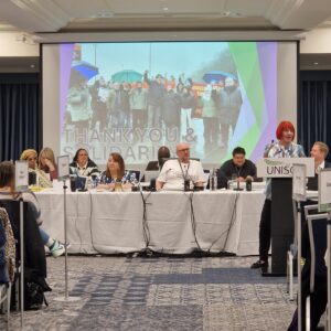 UNISON General Secretary Andrea Egan talking at a podium